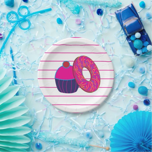 Donut Cupcake Pink Stripe Muster Pappteller (Party)