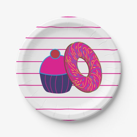 Donut Cupcake Rosa Streifenmuster Pappteller (Vorderseite)