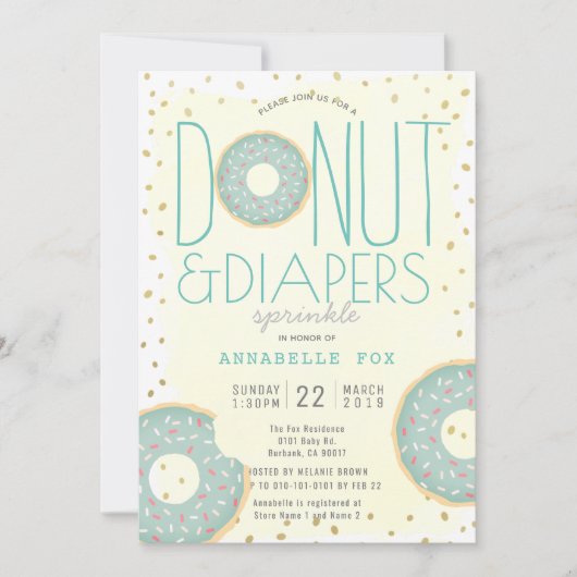 Donut & Diapers Sprinkle Green Gold Baby Dusche Einladung (Vorderseite)