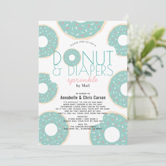 Donut & Diapers Sprinkle Mint Baby Dusche per Mail Einladung (Stehend Vorderseite)