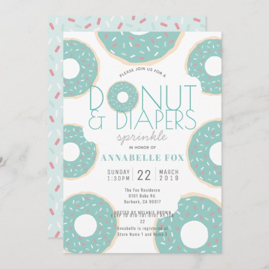 Donut & Diapers Sprinkle Mint Green Baby Dusche Einladung (Vorne/Hinten)