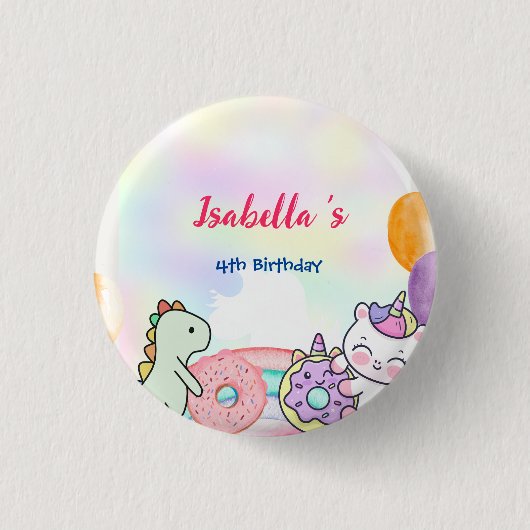 Donut Dinosaur Unicorn Regenbogen Ballon Geburtsta Button (Vorderseite)