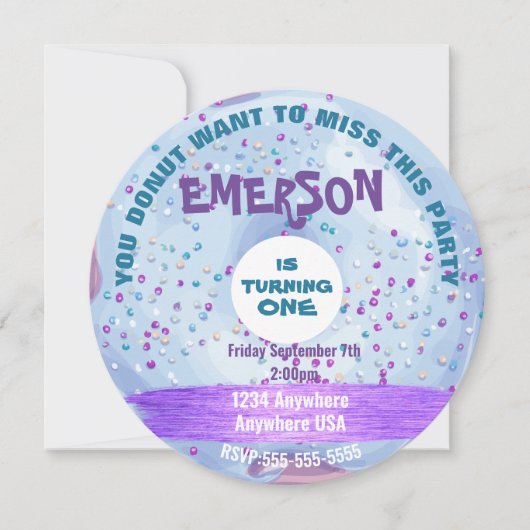 Donut DOUGHNUT woll zu verpassen, Donut Party Einladung (Vorderseite)