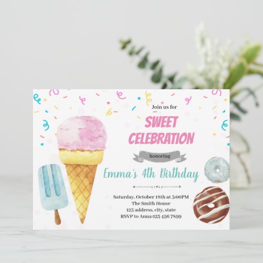 Donut Eis Party Einladung (Stehend Vorderseite)