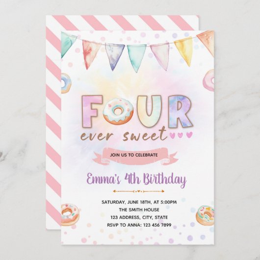 Donut FOURever Einladung zum süßen Geburtstag (Vorne/Hinten)