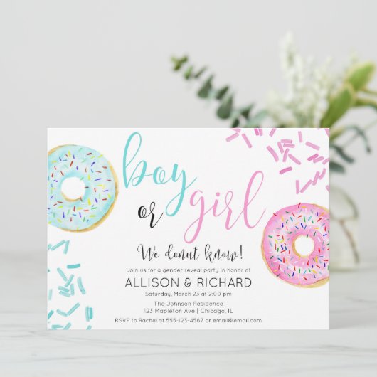 Donut Gender-Enthüllung Party Einladung (Stehend Vorderseite)