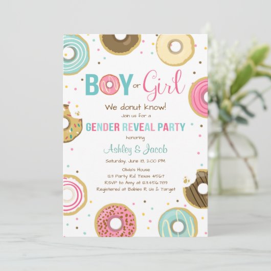 Donut Gender offenbaren Einladung Junge oder Mädch (Stehend Vorderseite)