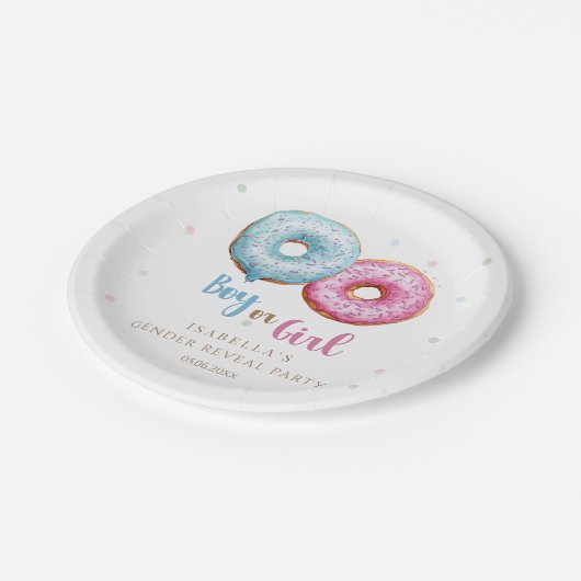 Donut Gender Reveal Junge oder Mädchen Party Pappteller (Schrägansicht)