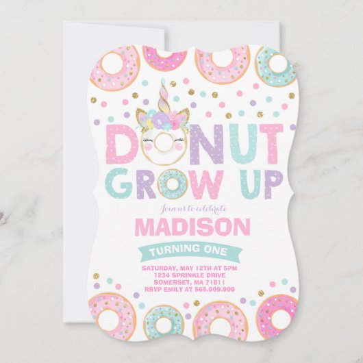 Donut Grow up Birthday Einladung Donut & Unicorn (Vorderseite)