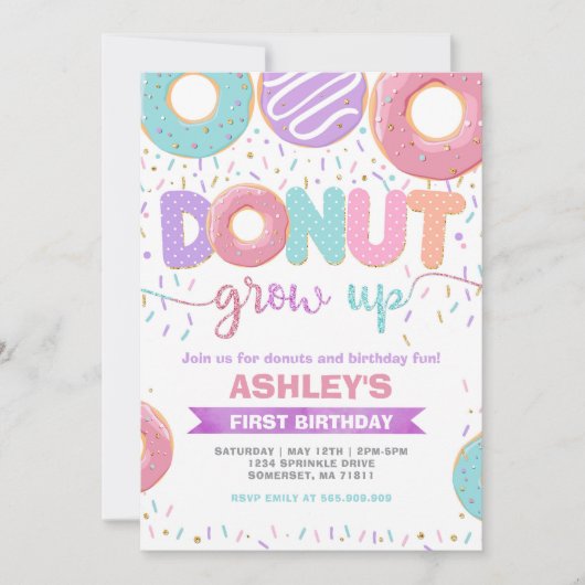 Donut Grow Up First 1st Birthday Invitation Einladung (Vorderseite)