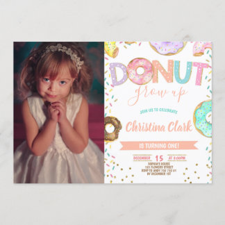 Donut Grow Up Girl 1. Geburtstag mit Foto Einladung