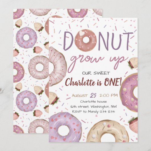 Donut Grow Up Girl Geburtstagseinladung Einladung (Vorne/Hinten)