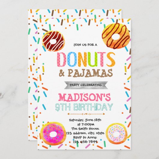 Donut pajamas Party Einladung (Vorne/Hinten)
