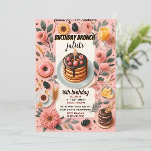 Donut Pancake Erwachsene rosa Brunch 30. Geburtsta Einladung (Stehend Vorderseite)