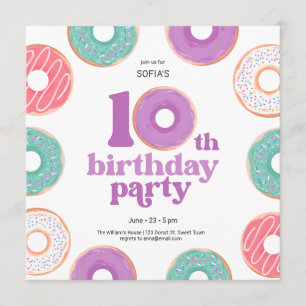 Donut Party Mädchen 10. Geburtstagseinladung Einladung