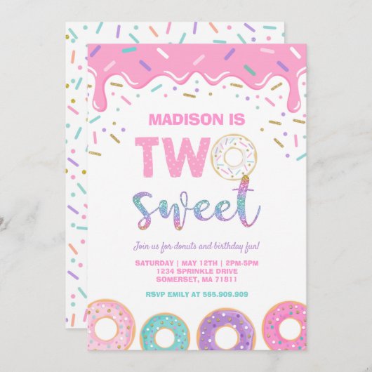 Donut Party Rosa: zwei süße Birthday einladen Einladung (Vorne/Hinten)