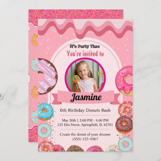 Donut Pattern 6. Geburtstagsparty Einladung (Vorne/Hinten)
