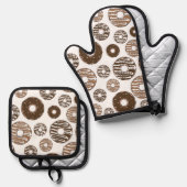 Donut Pattern, Chocolate Donuts, Karamel Donuts Ofenhandschuh & Topflappen-Set (Vorderseite/Rückseite)