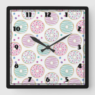 Donut Pattern Niedlich farbenfroh Quadratische Wanduhr