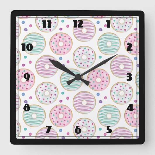 Donut Pattern Niedlich farbenfroh Quadratische Wanduhr (Vorderseite)