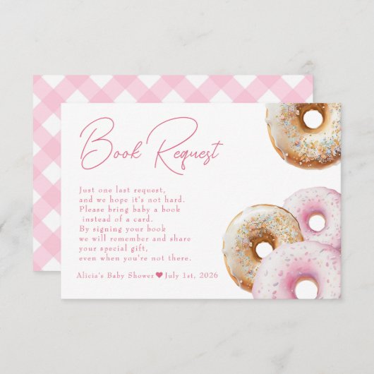 Donut | Pink Gingham Girl Babydusche Buchanfrage Begleitkarte (Vorne/Hinten)