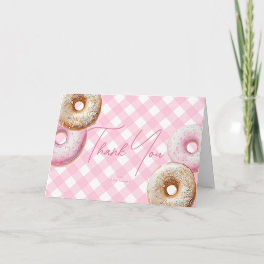 Donut | Pink Gingham Girl Babydusche Dankeskarte (Vorderseite)