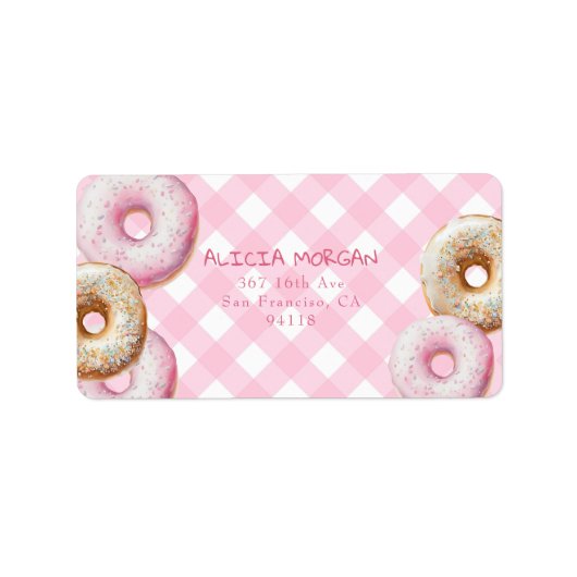 Donut | Pink Gingham Rücksendeadresse Adressaufkleber (Vorne)