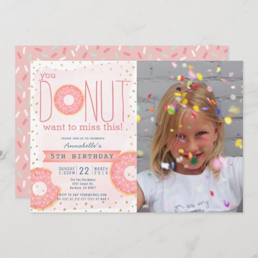 Donut Pink x Gold Foto Girl Geburtstag Einladung (Vorne/Hinten)