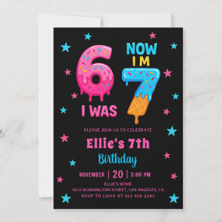 Donut Six Seven Girl Birthday Invitation Einladung