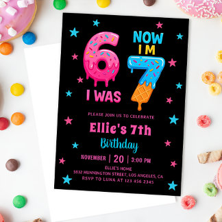 Donut Six Seven Girl Birthday Invitation Einladung