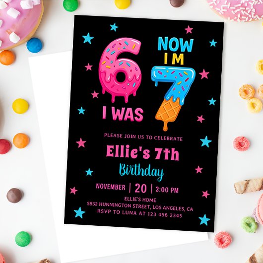 Donut Six Seven Girl Birthday Invitation Einladung