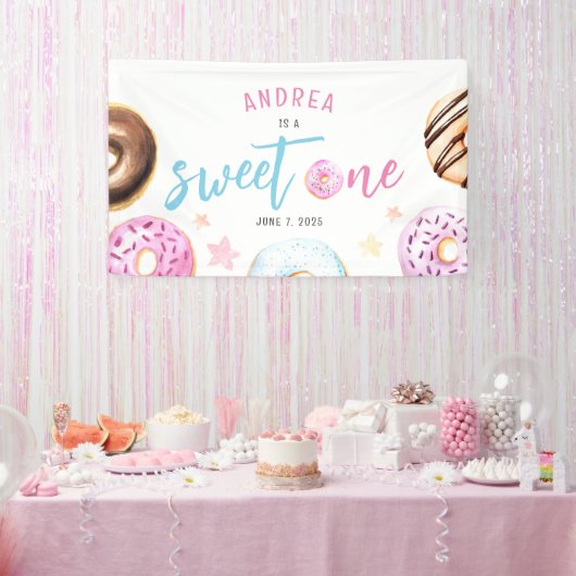 Donut Sweet One Pink and Blue Girls Erster Geburts Banner (Party)