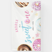 Donut Sweet One Pink and Blue Girls Erster Geburts Banner (Vertikal)