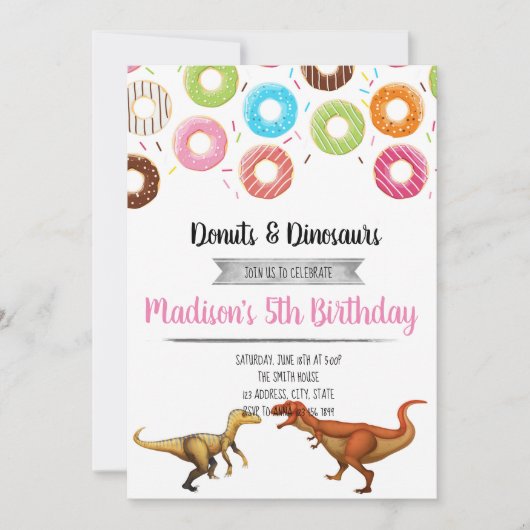 Donut und Dinosaurier-Party Einladung (Vorderseite)