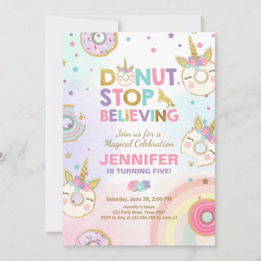 Donut Unicorn Birthday Invitation Pink Gold Girl Einladung (Vorderseite)