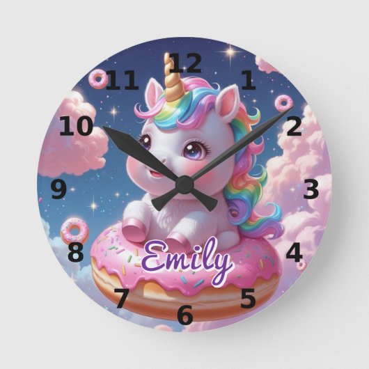 Donut Unicorn Wall Clock - bearbeitbarer Name Runde Wanduhr (Vorderseite)