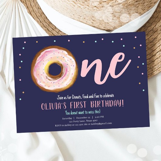 Donut Watercolor Sweet One Girl First Birthday Inv Einladung