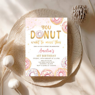 Donut Wollte, diesen rosa Donut Geburtstag zu verp Einladung