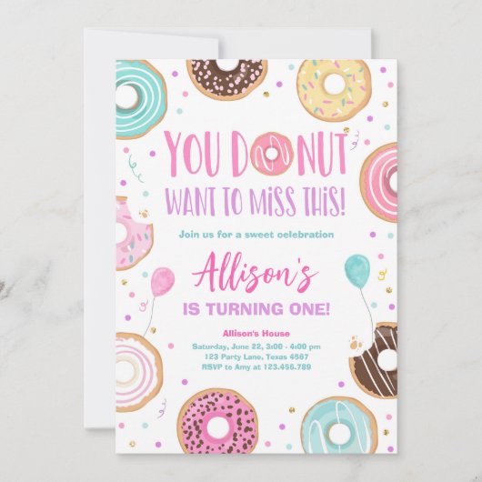 Donut Wollte, dieses rosa süße Mädchen zum Geburts Einladung (Vorderseite)