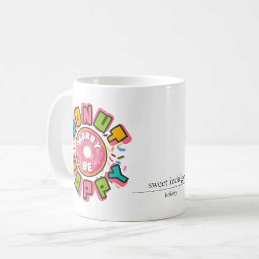 Donut Worry Be Happy farbenfrohe Bäckerei Kaffeetasse (Vorderseite Links)