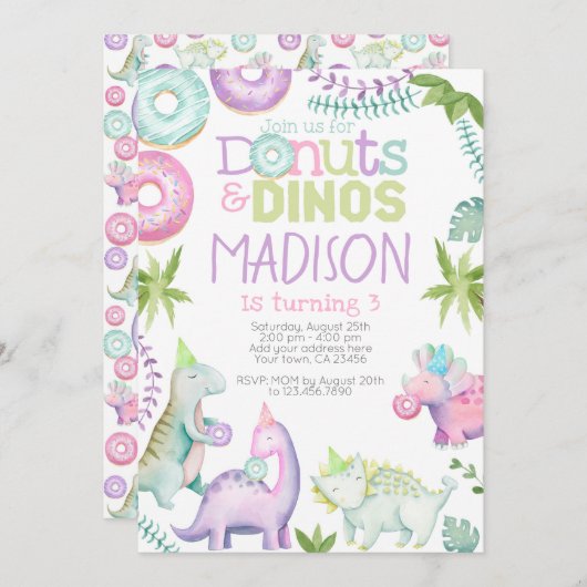 Donuts and Dinos Invitation (Pink & Lavender) Einladung (Vorne/Hinten)
