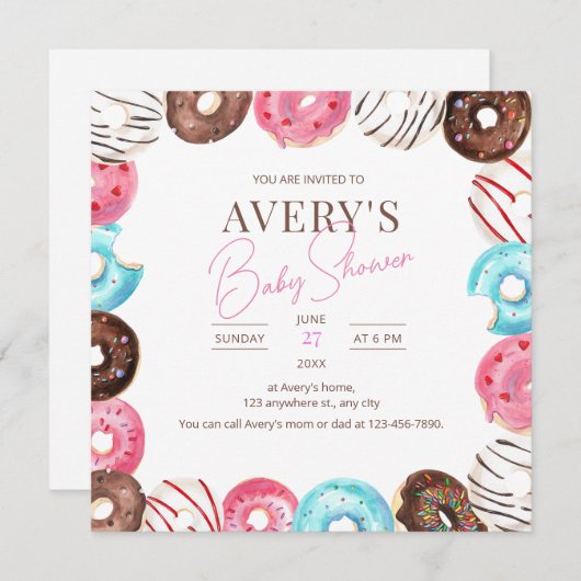 Donuts Baby Shower Einladung, Girl Baby Sprinkle Einladung (Vorne/Hinten)
