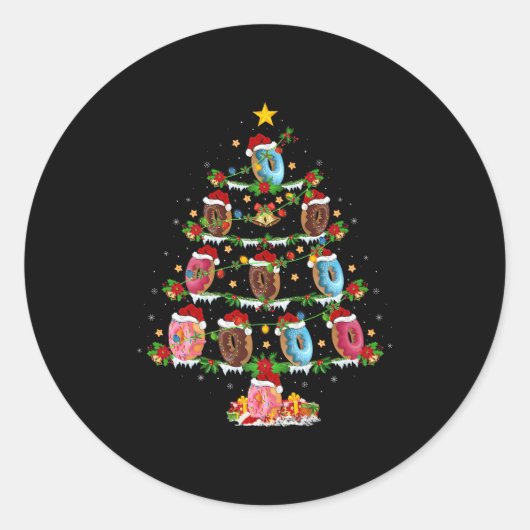 Donuts Christmas Tree Lights Funny Fast Food Donut Runder Aufkleber (Vorderseite)