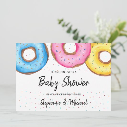 Donuts Couples Kinderdusche Einladung (Stehend Vorderseite)
