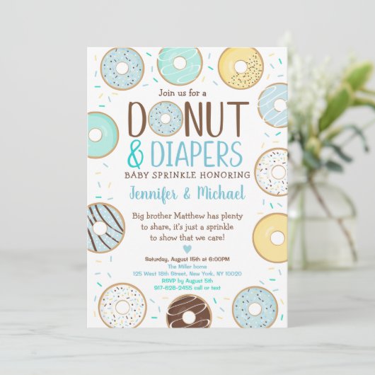 Donuts & Diapers Blue Donut Baby Sprinkle Einladung (Stehend Vorderseite)