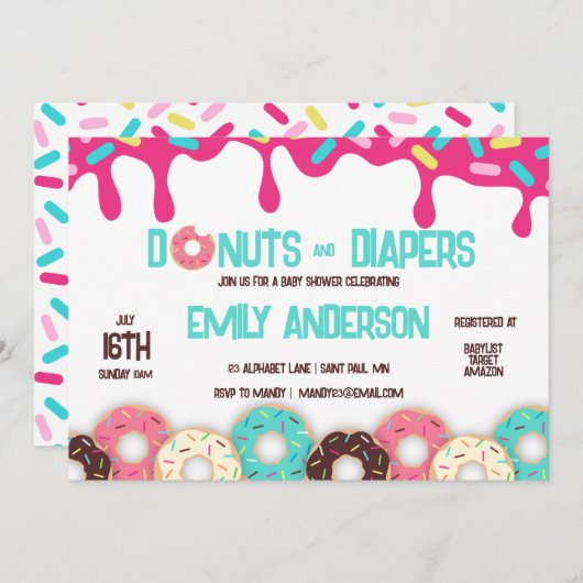 Donuts & Diapers Kinderdusche Einladung (Vorne/Hinten)