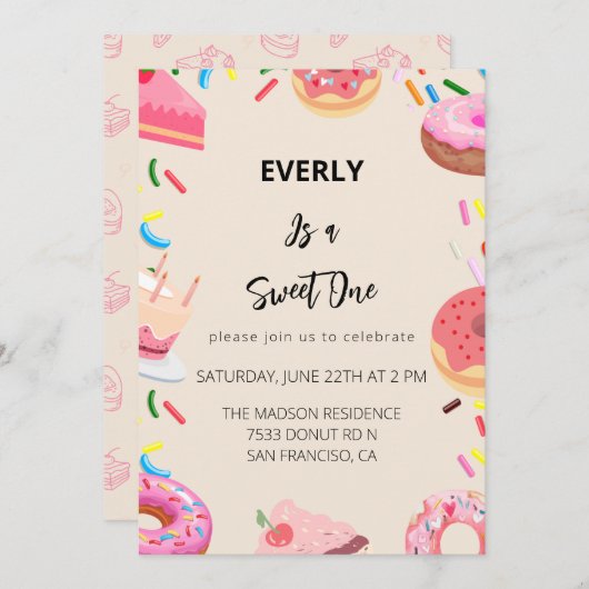 Donuts erste Geburtstagsparty Einladung (Vorne/Hinten)