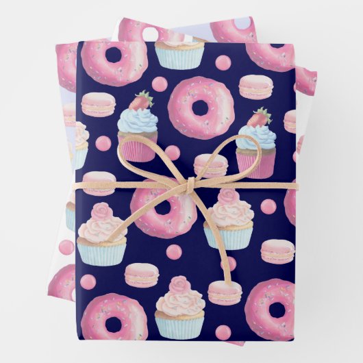 Donuts, Kuchen und Makaronen Geschenkpapier Set (Beispiel)