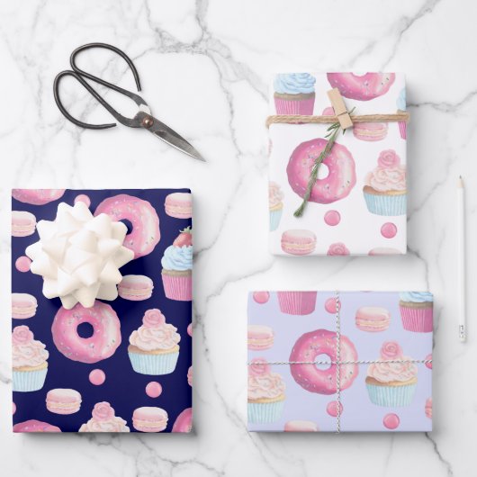 Donuts, Kuchen und Makaronen Geschenkpapier Set (Vorderseite)