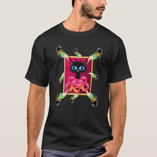 Donuts Long Finger Claws Niedlich Black Cat Kitten T-Shirt (Vorderseite)